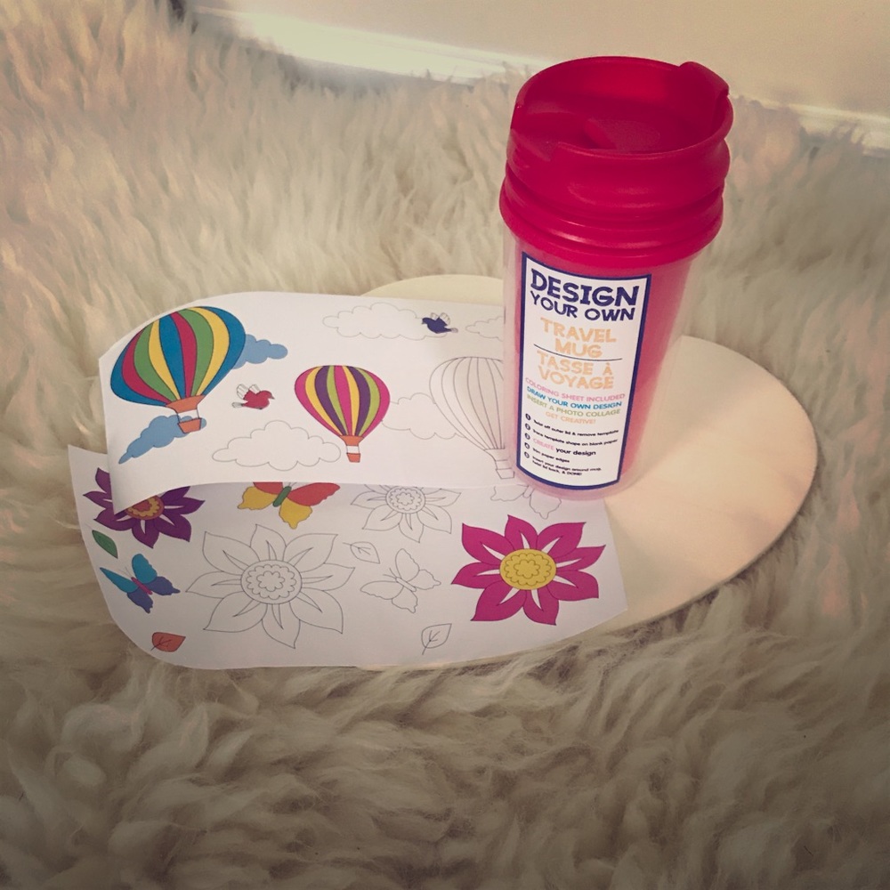 Self design fun travel mug with 2 coloring sheets